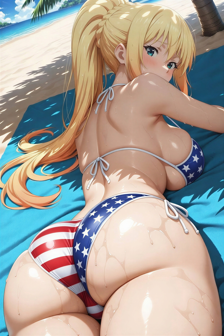 1female 1girl 1girl 1girls ai_generated american_flag_bikini beach bikini blonde blonde_female blonde_hair blue_eyes darkness_(konosuba) female_focus female_only konosuba looking_at_viewer looking_back looking_back_at_viewer rear_view solo_female tagme