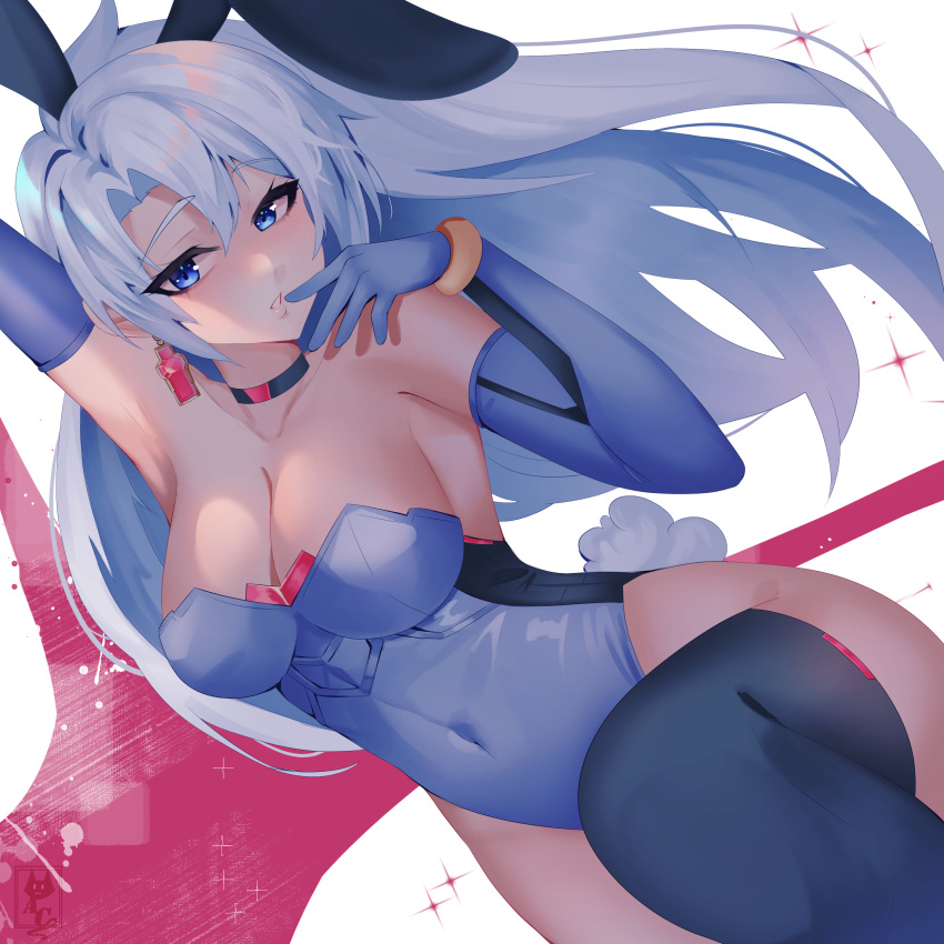 1girl 1girl 1girl a_(xenoblade) absurd_res alleycat_arts alluring big_breasts big_breasts black_stockings black_thighhighs blue_eyes blue_gloves blush bunny_ears bunnysuit choker cleavage core_crystal curvy earrings elbow_gloves female_only finger_to_mouth gloves high_res hips hourglass_figure long_hair looking_at_viewer monolith_soft nintendo pointy_chin silver_hair slim_waist stockings stockings thick_thighs thighs very_long_hair voluptuous wide_hips xenoblade_(series) xenoblade_chronicles_3 xenoblade_chronicles_3:_future_redeemed