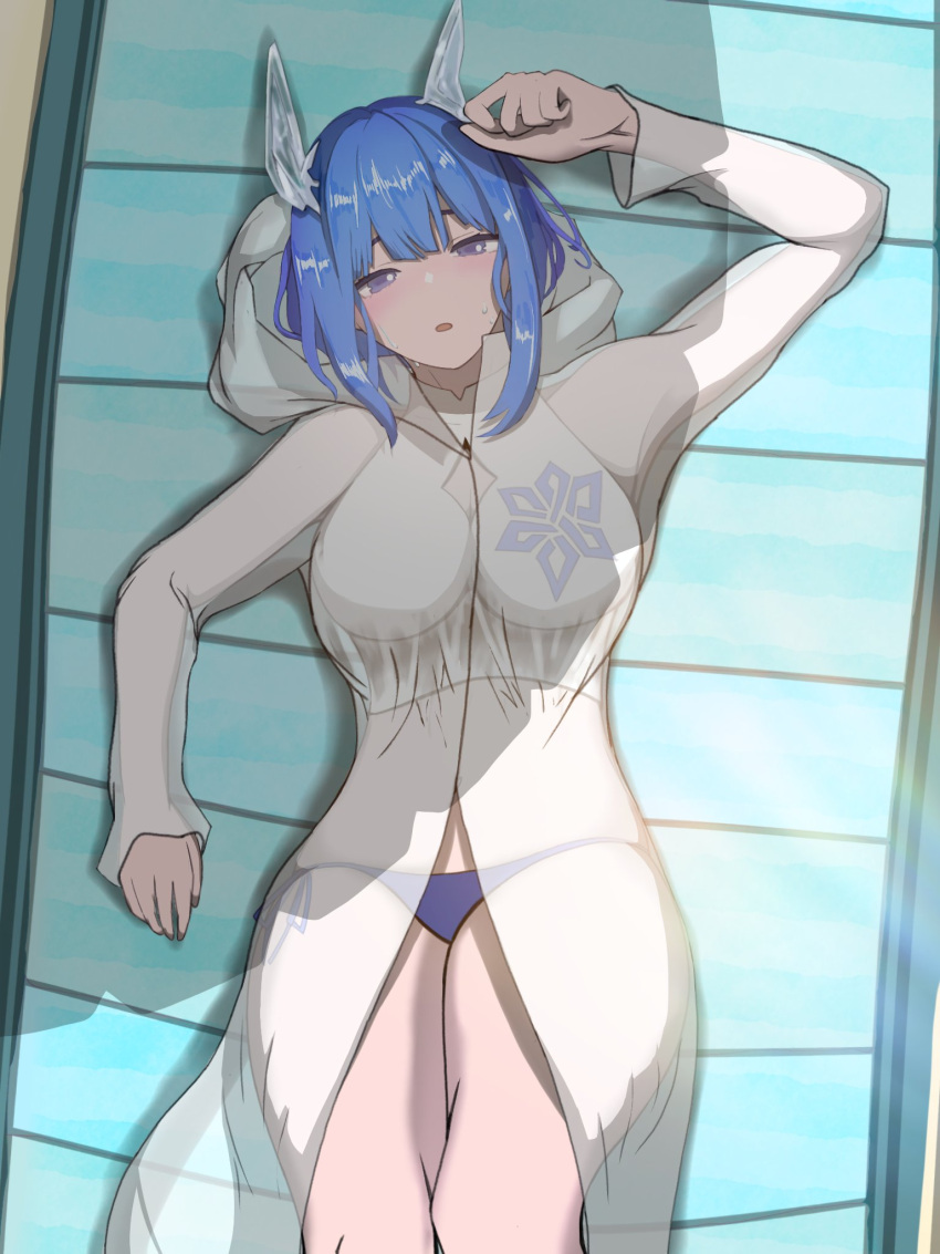 1girl 1girl 1girls alluring alternate_costume bangs bare_thighs big_breasts bikini blue_bikini blue_eyes blue_hair blue_swimsuit coat female_only fire_emblem fire_emblem_heroes hood intelligent_systems light_blue_hair long_sleeves matchanosuke_fe nifl_(fire_emblem) nintendo official_alternate_costume on_back outside short_hair swimsuit thighs