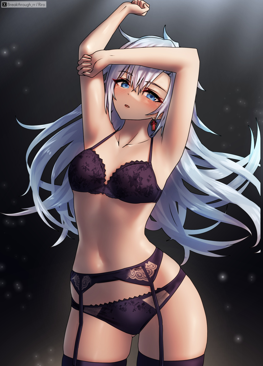 1girl 1girl a_(xenoblade) absurd_res alluring arms_up asymmetrical_bangs black_panties blue_eyes blush bra collarbone commentary_request garter_belt garter_straps grey_hair hair_between_eyes high_res lingerie long_hair navel open_mouth panties parted_bangs riro_(breakthrough_rr) skindentation standing underwear white_hair xenoblade_(series) xenoblade_chronicles_3