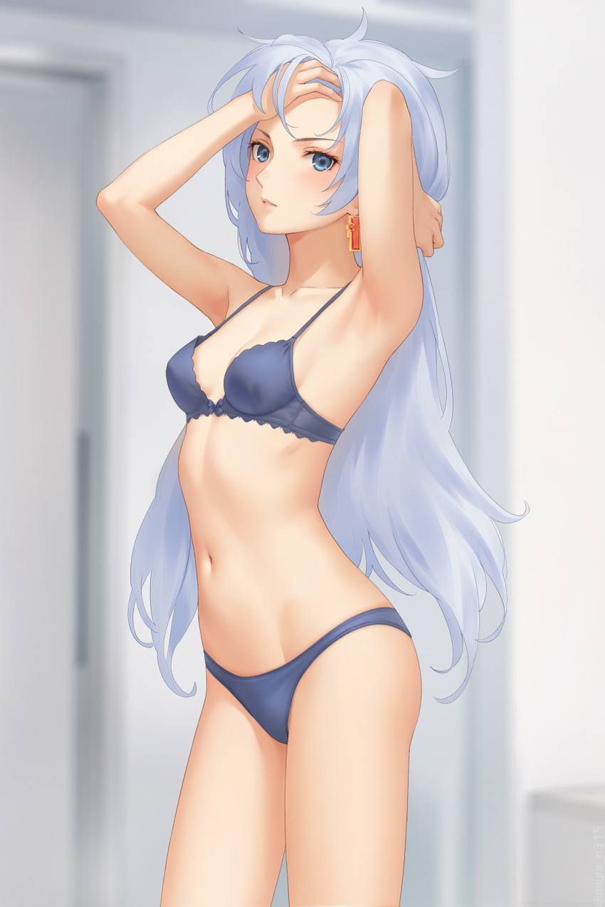 1girl 1girl a_(xenoblade) adjusting_hair alluring arms_up blue_eyes bra cowboy_shot earrings high_res indoors jewelry long_hair miura-n315 navel panties parted_lips small_breasts underwear underwear_only very_long_hair xenoblade_(series) xenoblade_chronicles_3 xenoblade_chronicles_3:_future_redeemed