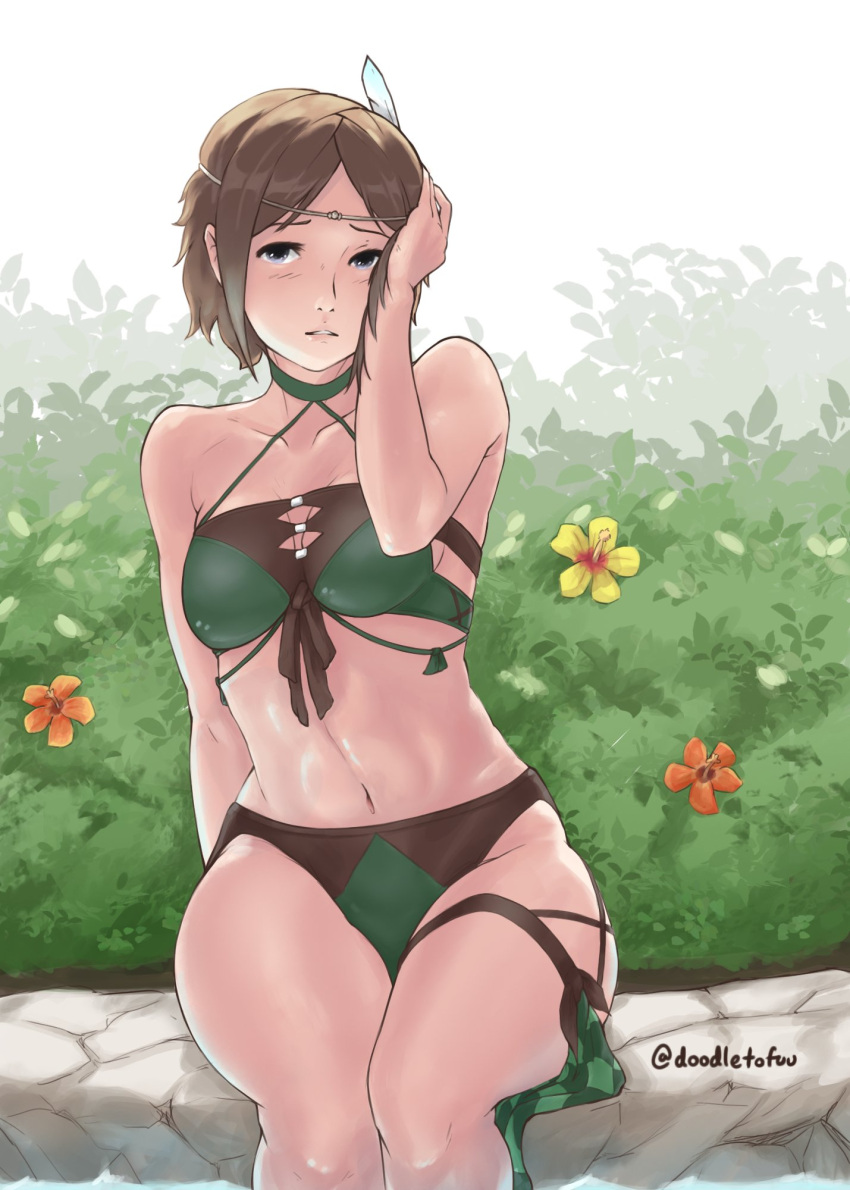 1girl 1girl alluring bikini blue_eyes blush brown_hair circlet cleavage_cutout clothing_cutout day doodletofuu feather_hair_ornament female_focus fire_emblem fire_emblem_awakening fire_emblem_heroes flower green_bikini hair_ornament hand_in_own_hair high_res intelligent_systems medium_breasts multicolored_bikini nintendo noire_(fire_emblem) noire_(shade_seeker)_(fire_emblem) parted_lips red_flower short_hair sitting swimsuit twitter_username two-tone_bikini yellow_flower