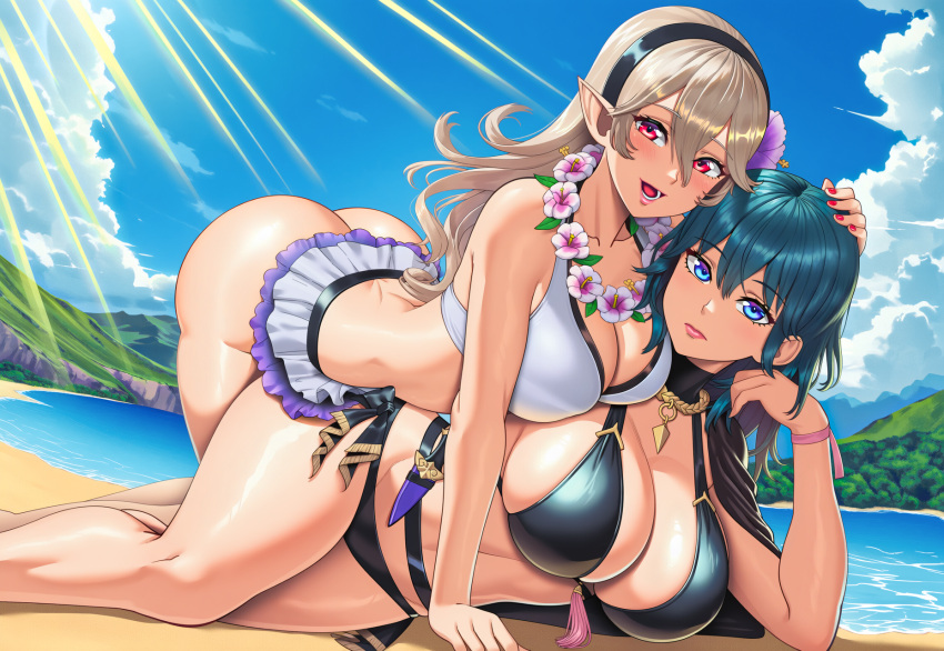1girl 2_girls all_fours alluring beach bent_forward bent_over bikini bikini_skirt blue_eyes blue_nails blush bottomless_skirt breast_press byleth_(fire_emblem) byleth_(fire_emblem)_(female) byleth_(summer)_(fire_emblem)_(female) capelet cleavage clouds corrin_(fire_emblem) corrin_(fire_emblem)_(female) corrin_(summer)_(fire_emblem)_(female) curvy dagger female_only fire_emblem fire_emblem_warriors flower_in_hair flower_necklace glossy_lips hair_flower hairband hand_on_head hanging_breasts happy intelligent_systems kneel leaning_forward long_hair lying lying_on_another lying_on_person lying_on_side medium_hair necklace nervous nintendo ocean on_top on_top_of_another pink_lips red_eyes red_nails sand shiny_hair shiny_lips side-by-side silver_hair sunbeam teal_hair teeth thick_ass thick_butt thick_thighs vermadis2x voluptuous voluptuous_female water wide_hips
