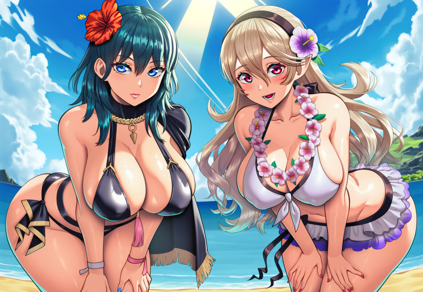 1girl 2_girls alluring beach bent_forward bikini bikini_skirt blue_eyes blue_nails blush byleth_(fire_emblem) byleth_(fire_emblem)_(female) byleth_(summer)_(fire_emblem)_(female) capelet cleavage clouds corrin_(fire_emblem) corrin_(fire_emblem)_(female) corrin_(summer)_(fire_emblem)_(female) curvy female_only fire_emblem fire_emblem:_three_houses fire_emblem_fates fire_emblem_warriors flower_in_hair flower_necklace glossy_lips hair_flower hairband hands_on_knees hanging_breasts happy intelligent_systems leaning_forward long_hair medium_hair necklace nervous nintendo ocean pink_lips red_eyes red_nails sand shiny_hair shiny_lips side-by-side silver_hair sunbeam teal_hair teeth thick_ass thick_butt vermadis2x voluptuous voluptuous_female water wide_hips