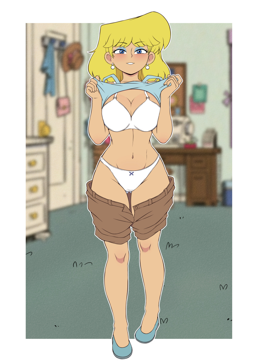 1girl 2020s 2025 absurd_res bag bedroom big_breasts blonde_hair blue_bow blue_eyes blue_eyeshadow blue_shirt blue_shoes blush bow bow_panties bra breasts brown_hat brown_shorts bulletin_board chest_of_drawers cleavage clothes_lift clothes_pull collarbone crotch_seam desk door earrings eyeshadow grin handbag hat high_res jewelry looking_at_viewer lori_loud makeup morfinared navel nickelodeon open_fly panties sewing_machine shirt shirt_lift shoes short_hair shorts shorts_pull smile standing tank_top teen teenage_girl teeth the_loud_house underwear white_bra white_panties young