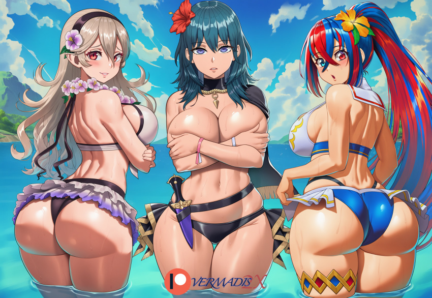 1girl 3_girls alear_(female)_(fire_emblem) alear_(female)_(seaside_dragon)_(fire_emblem) alear_(fire_emblem) alluring ass bikini blue_eyes byleth_(fire_emblem) byleth_(fire_emblem)_(female) byleth_(summer)_(fire_emblem)_(female) capelet corrin_(fire_emblem) corrin_(fire_emblem)_(female) corrin_(summer)_(fire_emblem)_(female) covering covering_breasts covering_self dagger female_only fire_emblem fire_emblem:_three_houses fire_emblem_engage fire_emblem_fates fire_emblem_heroes fire_emblem_warriors flower_necklace hair_flower hair_ornament intelligent_systems long_hair looking_at_viewer looking_back medium_hair multicolored_hair narrow_waist nintendo no_sex partially_submerged presenting_ass presenting_hindquarters public_topless red_eyes red_hair silver_hair surprised teal_hair thigh_strap topless vermadis2x voluptuous voluptuous_female wide_hips