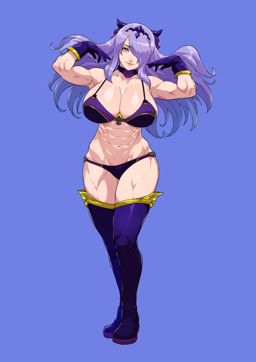 1girl abs absurd_res alluring athletic_female big_breasts blue_background boots camilla_(fire_emblem) choker cirenk cleavage female_abs female_focus fire_emblem fire_emblem_fates fire_emblem_warriors fit_female full_body gloves hair_over_one_eye high_res horns intelligent_systems long_hair looking_at_viewer matching_hair/eyes navel nintendo panties purple_eyes purple_hair purple_panties standing stockings thigh_high_boots underwear underwear_only