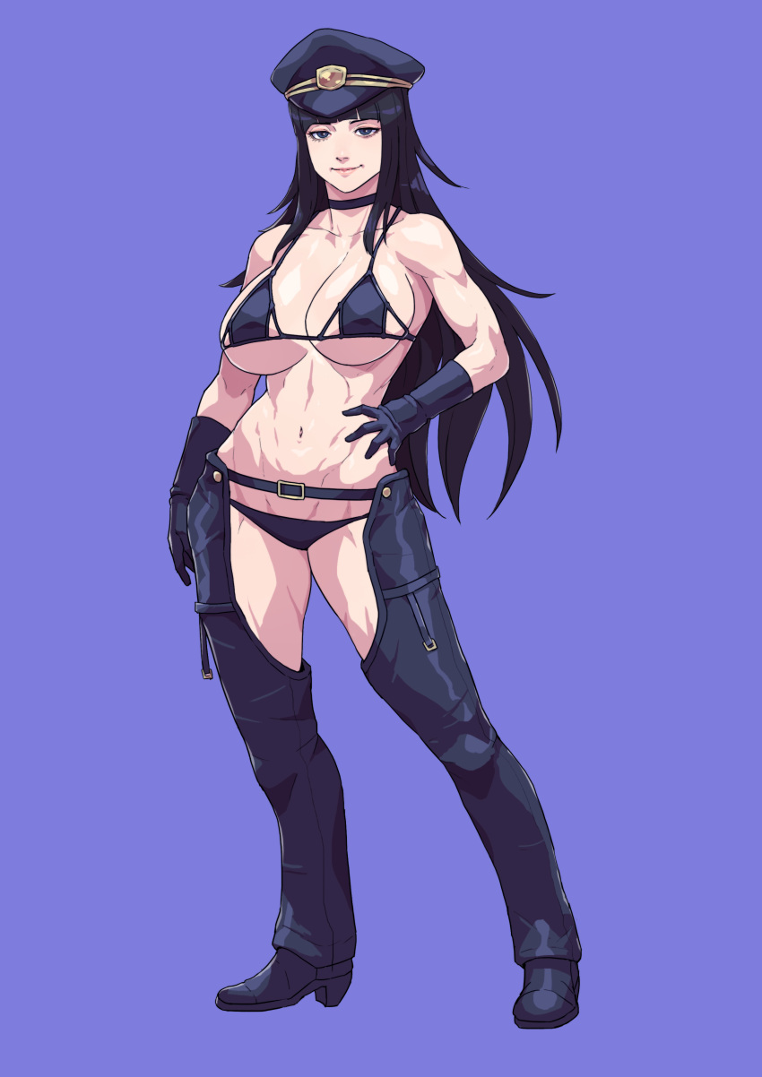 1girl absurd_res alluring athletic_female big_breasts bikini black_bikini black_boots black_choker black_gloves black_hair blue_eyes blunt_bangs boots bra choker cirenk cleavage cowboy_boots female_abs female_focus fire_emblem fire_emblem_awakening fire_emblem_warriors fit_female full_body gloves half-closed_eyes hand_on_own_hip hat high_res intelligent_systems long_hair looking_at_viewer matching_hair/eyes micro_bikini milf military_hat nintendo police_hat purple_background simple_background smile standing stomach swimsuit tharja tharja_(fire_emblem) thighs under_boob underwear very_long_hair