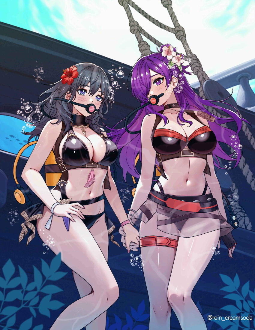 2_girls absurd_res air_bubble alluring bare_shoulders big_breasts bikini black_bikini black_choker blue_eyes bubble byleth_(fire_emblem) byleth_(fire_emblem)_(female) byleth_(summer)_(fire_emblem)_(female) choker cleavage dagger diving_regulator fire_emblem fire_emblem:_three_houses fire_emblem_heroes fire_emblem_warriors:_three_hopes flower hair_flower hair_ornament hair_over_one_eye hibiscus high_res holding holding_hands intelligent_systems knife ladder long_hair looking_at_viewer multiple_girls navel nintendo official_alternate_costume oxygen_tank purple_eyes purple_hair rebreather red_flower rein_creamsoda rope_ladder scuba scuba_gear scuba_tank sheath sheathed shez_(fire_emblem) shez_(fire_emblem)_(female) shez_(summer)_(fire_emblem) stomach swimsuit teal_hair underwater weapon white_flower