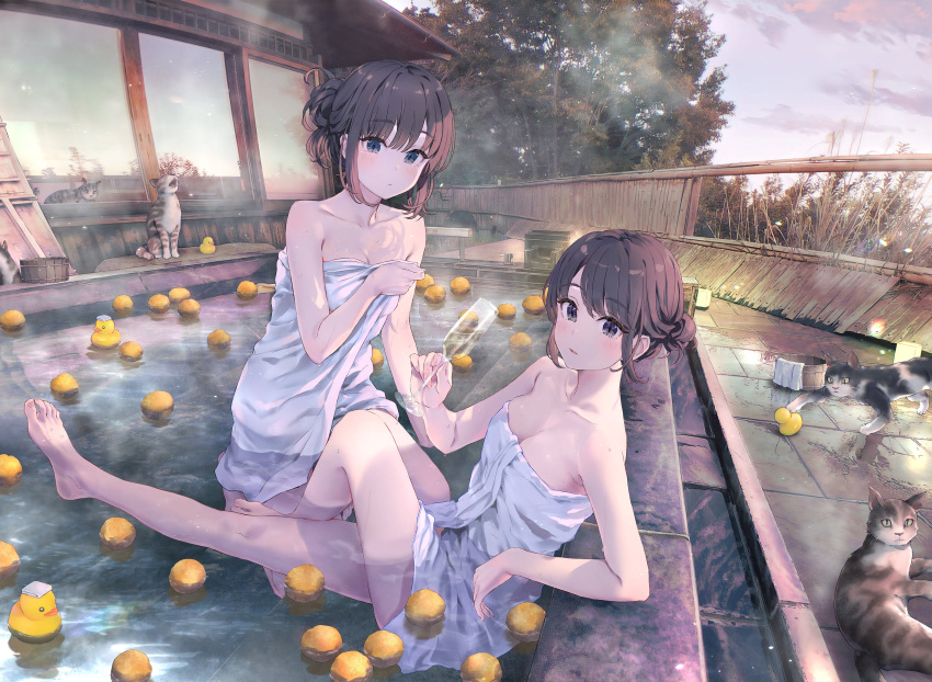 2_girls absurd_res alluring alternate_hairstyle artist_name bare_arms barefoot big_breasts black_hair blue_eyes bucket cat cleavage closed_mouth collarbone covering_privates cup drinking_glass evening feet food fruit hair_bun high_res holding holding_cup kneel legs light_blush looking_at_viewer mandarin_orange merchandise_available multiple_girls naked_towel nude_cover onsen outside partially_submerged ponkan_8 purple_eyes railing rubber_duck same-sex_bathing shared_bathing short_hair siblings silf silfs sisters sitting small_breasts towel towel_on_head water wet_towel window wooden_bucket wooden_railing yahari_ore_no_seishun_lovecome_wa_machigatteiru. yukinoshita_haruno yukinoshita_yukino