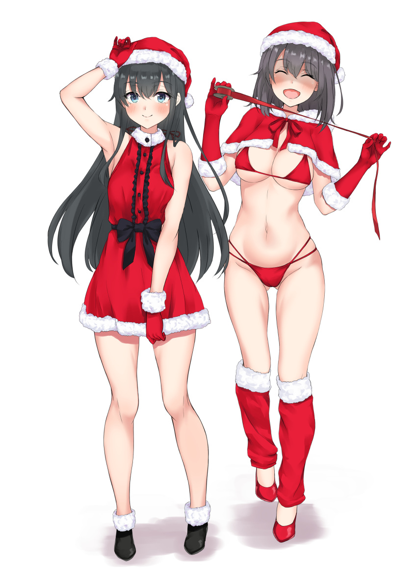 2_girls absurd_res alluring apelet armpits bare_shoulders bikini black_hair blue_eyes blush closed_mouth dress elbow_gloves full_body fur-trimmed_capelet fur-trimmed_dress fur-trimmed_headwear fur_trim gloves gluteal_fold hair_between_eyes hair_ribbon hands_up hat high_res long_hair looking_at_viewer medium_breasts meri-san multi-strapped_bikini_bottom multiple_girls navel open_mouth red_bikini red_capelet red_dress red_gloves red_headwear red_ribbon ribbon santa_bikini santa_costume santa_gloves santa_hat shaded_face siblings silf silfs simple_background sisters sleeveless sleeveless_dress smile standing string_bikini swimsuit tape thighs white_background yahari_ore_no_seishun_lovecome_wa_machigatteiru. yukinoshita_haruno yukinoshita_yukino