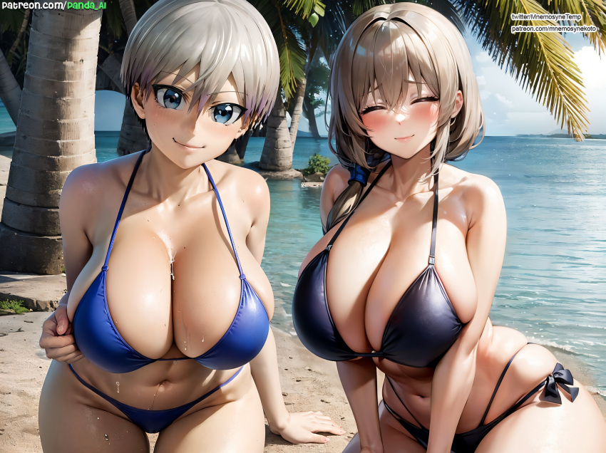 2_girls ai_generated bikini blue_eyes breasts cleavage female_only hips huge_breasts long_hair mature_female milf milf mnemosynekoto mother_&_daughter outside panda_ai short_hair thick_thighs thighs uzaki-chan_wa_asobitai! uzaki_hana uzaki_tsuki white_hair wide_hips