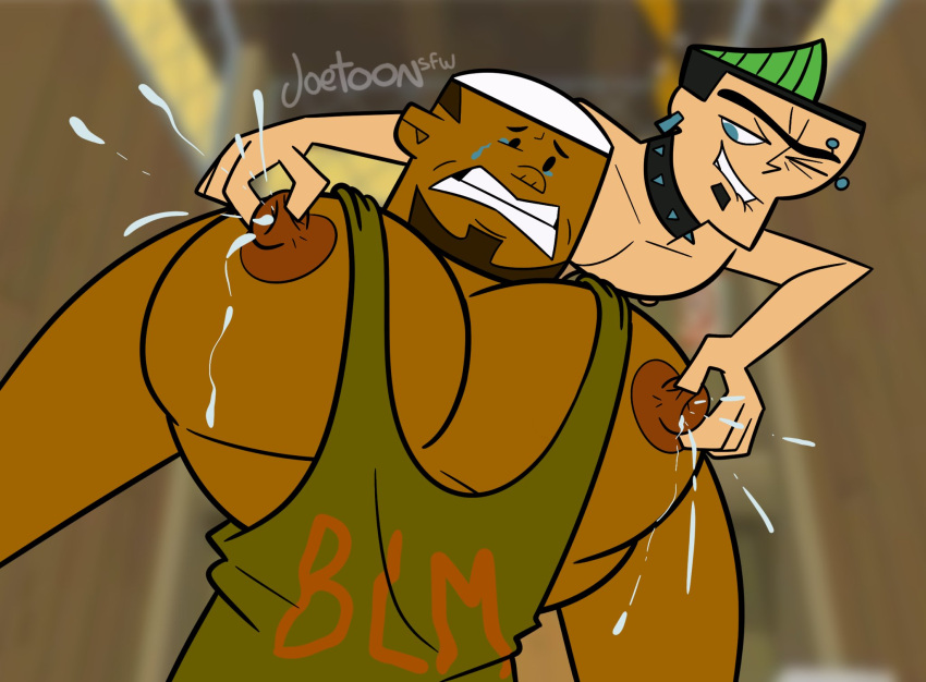 2026 2boys big_nipples black_male blue_eyes collar crying crying_with_eyes_open dark-skinned_male dark_skin dj_(tdi) duncan_(tdi) facial_hair green_hair hat human human_only joetoonsfw male male_lactation male_only mohawk no_visible_nipples one_eye_closed piercing shirt spiked_collar teeth_showing total_drama_(series) total_drama_island yaoi