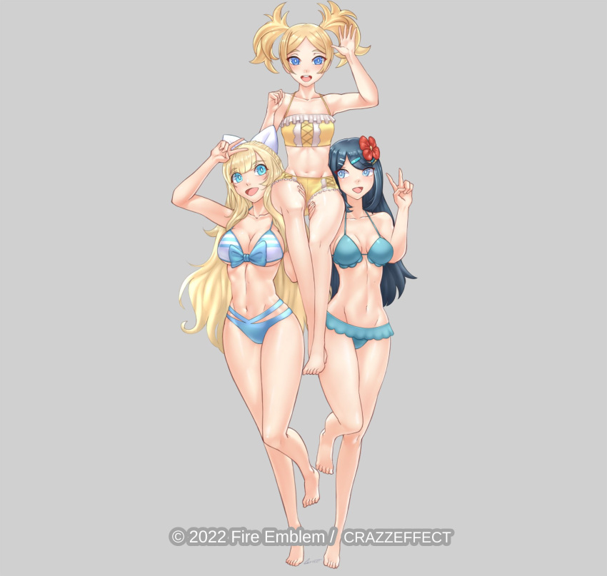 3_girls alluring barefoot big_breasts bikini bikini_shorts blonde_hair blue_bikini blue_eyes blue_hair bow bow_bikini charlotte_(fire_emblem) cleavage crazzeffect fire_emblem fire_emblem_awakening fire_emblem_fates fire_emblem_heroes fire_emblem_warriors flower frilled_bikini frills hibiscus high_res human_pyramid intelligent_systems layered_bikini lissa_(fire_emblem) long_hair medium_breasts multiple_girls navel nintendo oribe_tsubasa shorts small_breasts striped_bikini striped_clothes swimsuit tokyo_mirage_sessions_fe twin_tails white_bikini white_bow yellow_bikini
