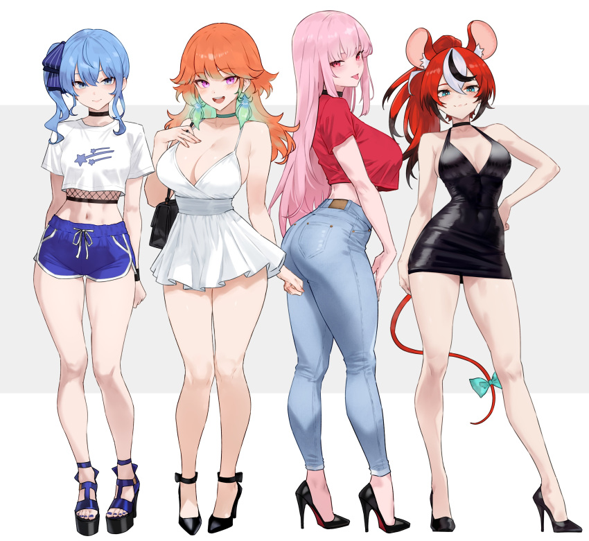 4girls :3 :d :p absurd_res alternate_costume animal_ears ass bag bare_arms bare_legs big_breasts black_choker black_dress black_hair black_sandals black_shoes blue_eyes blue_hair blue_nails blue_shorts bluefield blush bodycon bow breasts choker cleavage closed_mouth contrapposto crop_top crop_top_overhang cropped_shirt denim dolphin_shorts dress earrings feather_earrings feathers feet female_only fingernails fishnet_top fishnets full_body fully_clothed gradient_hair green_choker green_feathers green_hair grey_background hair_between_eyes hakos_baelz hand_up handbag heart high_heel_sandals high_heels high_res hololive hololive_english hololive_english_-council- hololive_gen_0 hololive_japan hololive_myth hoshimachi_suisei jeans jewelry legs letterboxed long_hair looking_at_viewer looking_back midriff mori_calliope mouse_ears mouse_girl mouse_tail multicolored_hair multiple_females multiple_girls nail_polish navel open_mouth orange_hair outside_border pants pink_hair platform_heels platform_sandals red_eyes red_hair sandals sfw shirt shoes short_dress shorts side_ponytail simple_background sleeveless sleeveless_dress smile spaghetti_strap standing star_(symbol) star_in_eye stomach strappy_heels streaked_hair streetwear symbol_in_eye tail tail_bow tail_ornament takanashi_kiara tight_clothes tight_dress toenail_polish toenails toes tongue tongue_out very_long_hair virtual_youtuber wedge_heels white_dress white_hair white_shirt