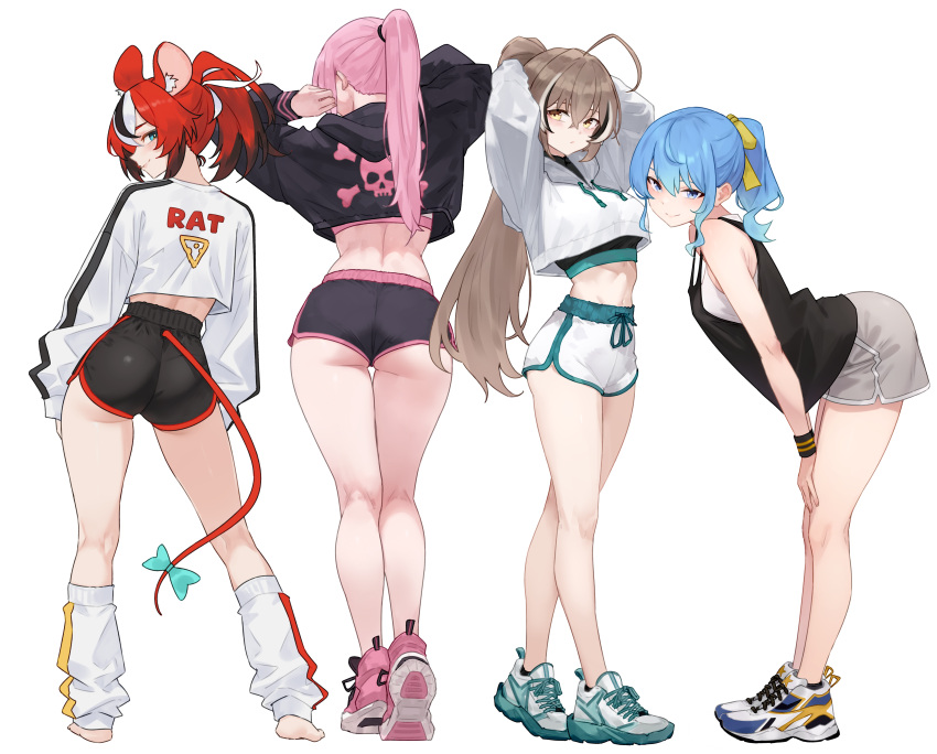 4girls absurd_res ahoge alternate_costume animal_ear_fluff animal_ears arms_up ass bare_arms barefoot big_breasts black_hair black_jacket black_shirt black_shorts black_sports_bra blue_eyes blue_hair bluefield blush bow breasts brown_hair casual closed_mouth clothes_writing colored_tips crop_top cropped_shirt dolphin_shorts facing_away from_behind full_body green_shoes grey_background grey_hair grey_shorts hair_ribbon hakos_baelz high-waist_shorts high_res hololive hololive_english hololive_english_-council- hololive_gen_0 hololive_japan hololive_myth hoshimachi_suisei jacket kneepits leaning_forward leg_warmers long_hair long_sleeves looking_at_viewer looking_back median_furrow mori_calliope mouse_ears mouse_girl mouse_tail multicolored_hair multiple_females multiple_girls nanashi_mumei pink_hair pink_shoes ponytail red_hair ribbon shirt shoe_soles shoes short_hair short_shorts shorts simple_background skull_print sleeveless sleeveless_shirt smile sneakers sports_bra sportswear standing star_(symbol) star_in_eye streaked_hair symbol_in_eye tail tail_bow tail_ornament thighs two-tone_background underbutt virtual_youtuber white_background white_hair white_jacket white_shirt white_shorts yellow_eyes yellow_ribbon