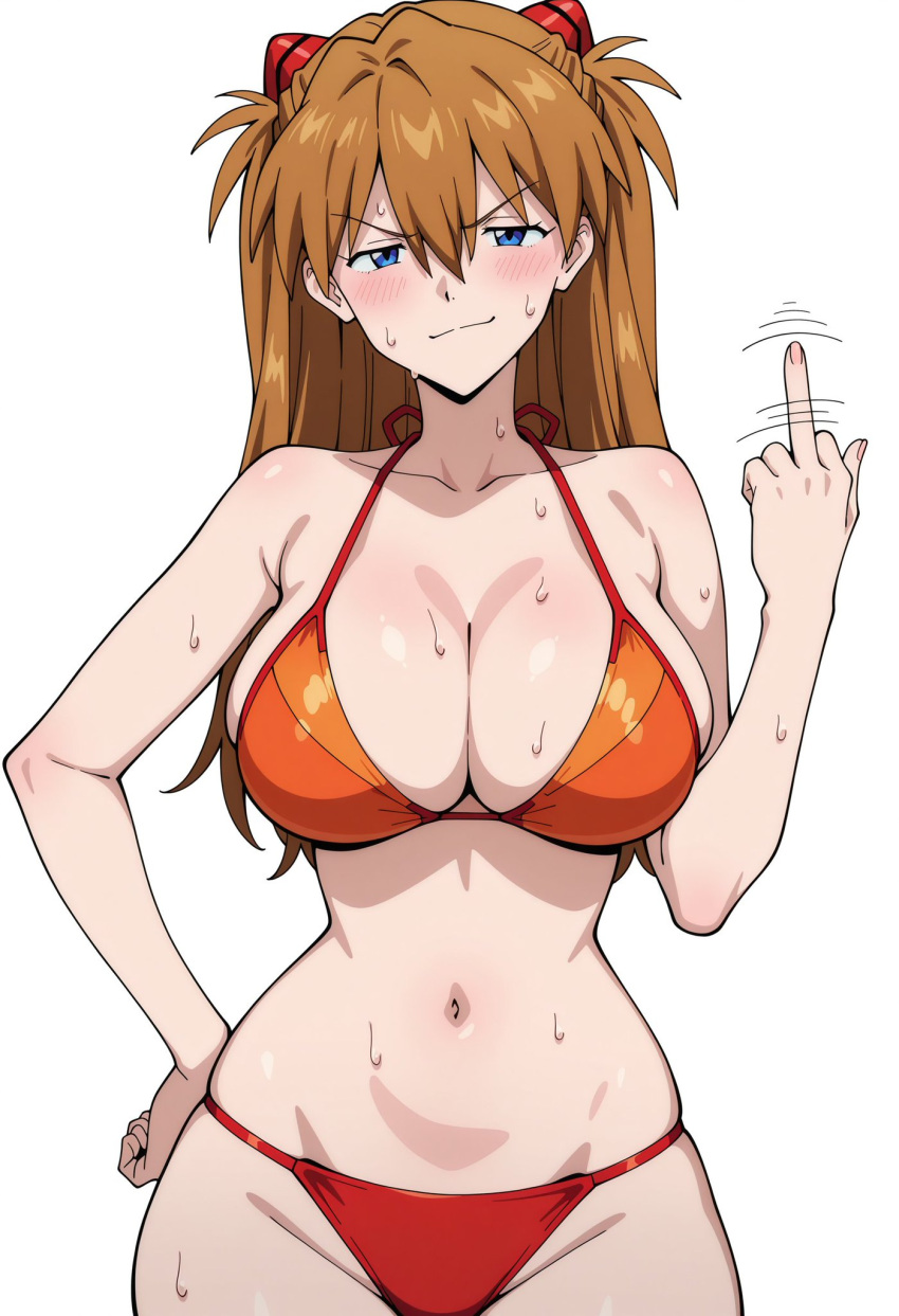 ai_generated asuka_langley_souryuu athletic_female bare_thighs big_breasts bikini blue_eyes grin huge_breasts huge_thighs light-skinned_female light_skin lilabratt looking_at_viewer massive_breasts middle_finger neon_genesis_evangelion orange_hair solo_female squatting sweat sweatdrop thick_body thick_female thick_thighs thighs twin_tails voluptuous voluptuous_female