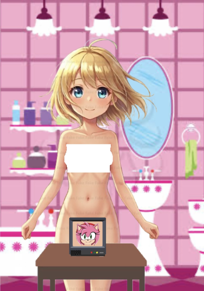 amy_rose anime_girl bathroom bathtub belly_button blonde_hair blue_eyes covered_breasts lights mirror naked_girl nude shelf sink smile table toilet towel tv
