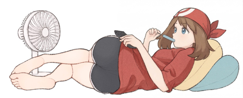 ass blue_eyes brown_hair feet may_(pokemon) nintendo pokemon popsicle relaxing simple_background thighs