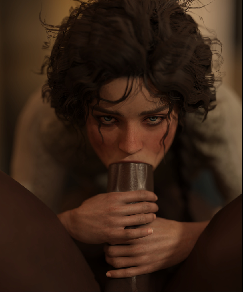 1boy 1girl 1girls 3d 69 blue_eyes brown_hair cum dark-skinned_male dark_skin deep_blowjob digital_media_(artwork) emberstock eye_contact fellatio green_eyes harriet_davenport impossible_fit interracial large_penis looking_at_viewer male messy messy_hair oral partial_male penis petite pov red_dead_online red_dead_redemption_(series) red_dead_redemption_2 seductive_eyes seductive_mouth tagme throat_penetration