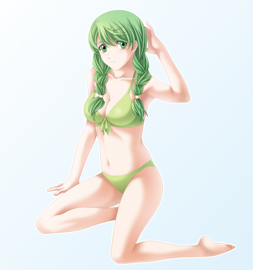 1girl 1girl alluring armpits bikini braid cleavage female_focus fire_emblem fire_emblem:_the_blazing_blade green_eyes green_hair hair_over_shoulder high_res intelligent_systems long_hair matching_hair/eyes medium_breasts navel nintendo rebecca_(fire_emblem) swimsuit tamamon twin_braids twin_tails