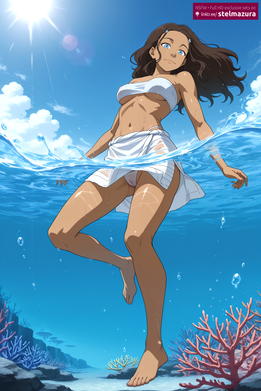 1girl ai_assisted ai_generated air_bubble avatar:_the_last_airbender bandeau bare_shoulders barefoot bikini blue_eyes blue_sky breasts brown_hair bubble cameltoe cloud coral dark-skinned_female dark_skin day female female_only from_below full_body katara long_hair looking_at_viewer medium_breasts navel nickelodeon nicktoons ocean outside partially_underwater_shot sarong sky smile solo stelmazura strapless sun sunlight swimming swimsuit tube_top under_boob underwater underwater_view water wet white_sarong
