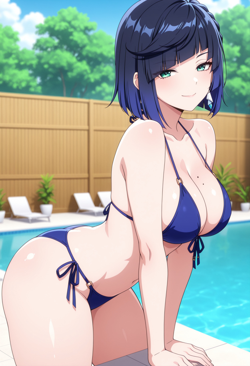 1girl ai_generated big_breasts bikini blue_bikini blue_eyes blush breasts cleavage earrings emerald_green_eyes female_only genshin_impact leaning_forward outdoor_pool outside pool poolside seductive_eyes seductive_look seductive_smile short_hair smile solo_female vegaforge yelan_(genshin_impact)