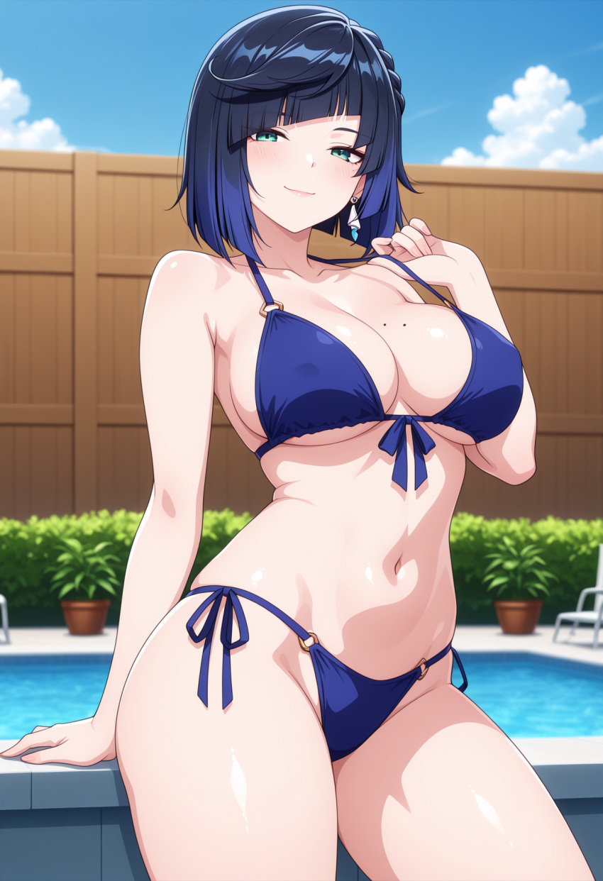 1girl ai_generated big_breasts bikini blue_bikini blue_eyes blush breasts cleavage earrings emerald_green_eyes female_only genshin_impact outdoor_pool outside pool poolside seductive_eyes seductive_look seductive_smile short_hair smile solo_female vegaforge yelan_(genshin_impact)