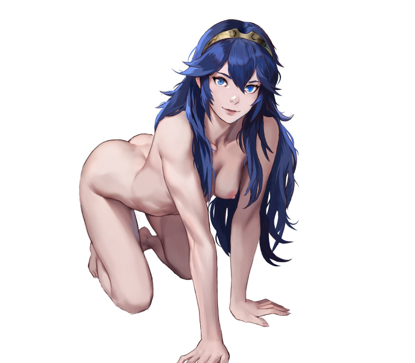 1girl 1girl all_fours blue_eyes blue_hair female_only fire_emblem fire_emblem_awakening fire_emblem_warriors hairband intelligent_systems looking_at_viewer lucina lucina_(fire_emblem) nipple no_background nude on_all_fours rod_langhi smile tiara white_background