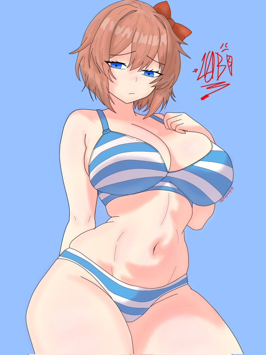 1girl 1girl artist_name bare_shoulders big_breasts blue_background blue_eyes bow bra breasts cleavage doki_doki_literature_club drawlab33t female_only high_res navel panties sayori_(doki_doki_literature_club) short_hair signature simple_background striped_bra striped_clothes striped_panties thick_thighs thighs underwear