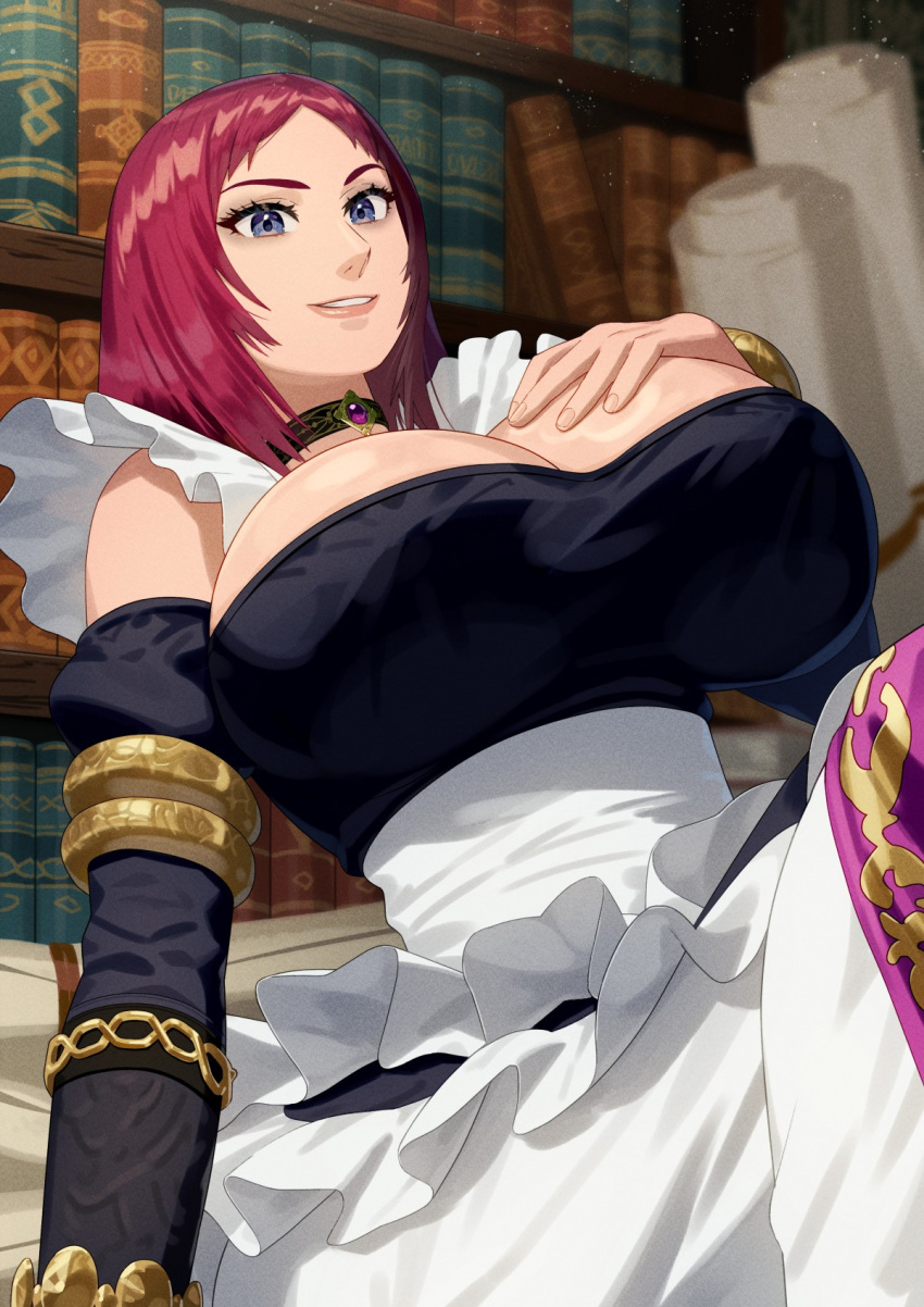 1girl 1girl bandai_namco blue_eyes bookshelf bracelet breasts brooch choker cleavage commentary_request frills hand_on_own_chest high_res huge_breasts jewelry looking_at_viewer medium_hair namco namco_bandai neck_ring parted_lips pixiv project_soul purple_hair red_hair scroll short_hair sitting smile soul_calibur soul_calibur_3 soul_calibur_iii soul_calibur_iv soul_calibur_v soul_calibur_vi soulcalibur soulcalibur_iii soulcalibur_iv soulcalibur_v soulcalibur_vi twitter valeria valeria_(soul_calibur) yagi2013