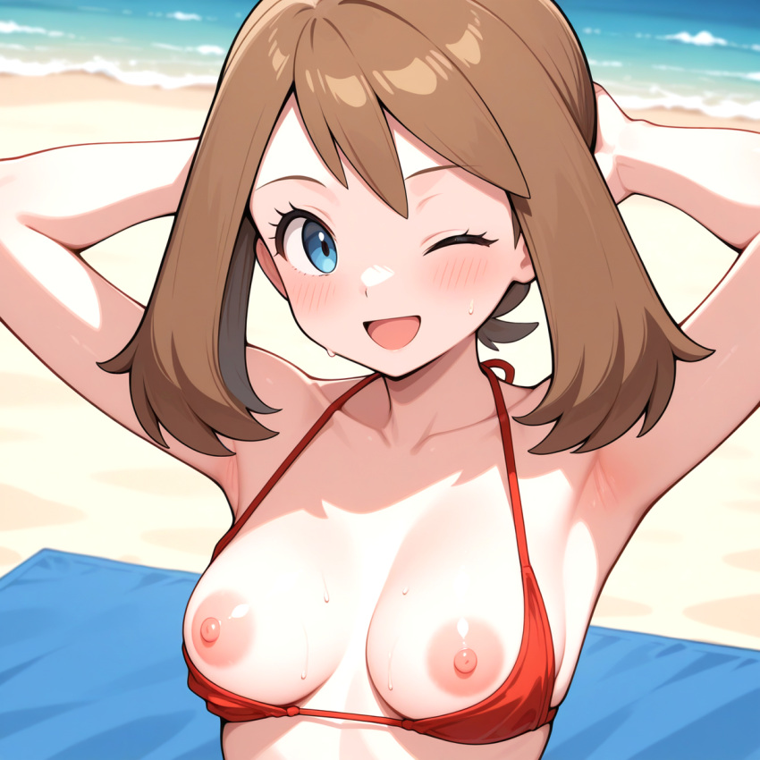 1girl 1girls ai_generated beach bikini bikini_top blue_eyes blush bra_down breasts breasts_out brown_hair female_only hands_behind_head may_(pokemon) medium_breasts nintendo nipples pokemon red_bikini smile solo_female