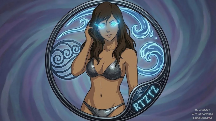 1girl @_@ adjusting_hair alternate_costume arm_at_side bangs bare_arms bare_shoulders bikini blue_background blue_eyes breasts brown_hair cleavage collarbone dark-skinned_female dark_skin female_only female_solo glowing glowing_eyes grey_bikini grey_swimsuit grin hair_between_eyes hair_down hand_up head_tilt korra lips long_hair looking_at_viewer medium_breasts midriff mrfluffypotato naughty_face navel neck nickelodeon parted_lips smile standing straight_hair swept_bangs swimsuit symbol the_legend_of_korra* water_tribe water_tribe_symbol