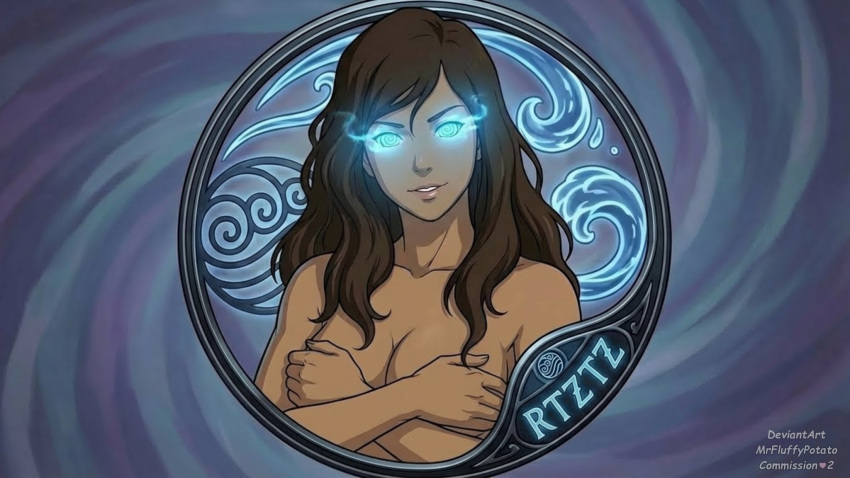 1girl @_@ bangs bare_arms bare_shoulders blue_background blue_eyes breasts brown_hair cleavage collarbone covering covering_breasts crossed_arms dark-skinned_female dark_skin female_only female_solo glowing glowing_eyes grin hair_between_eyes hair_down head_tilt korra lips long_hair looking_at_viewer medium_breasts mrfluffypotato naughty_face neck nickelodeon nude nude_female parted_lips smile straight_hair swept_bangs symbol the_legend_of_korra* upper_body water_tribe water_tribe_symbol