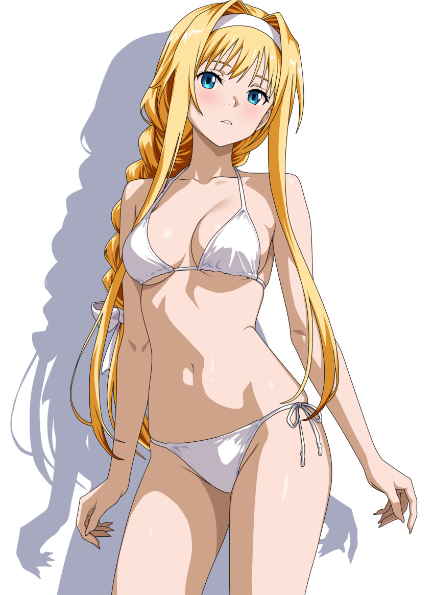 1girl absurd_res alice_schuberg alluring bare_arms bare_legs bare_shoulders bikini blue_eyes hair_ribbon hairband high_res indy_k long_hair looking_at_viewer navel ribbon shadow swimsuit sword_art_online sword_art_online:_alicization white_background white_bikini white_hairband