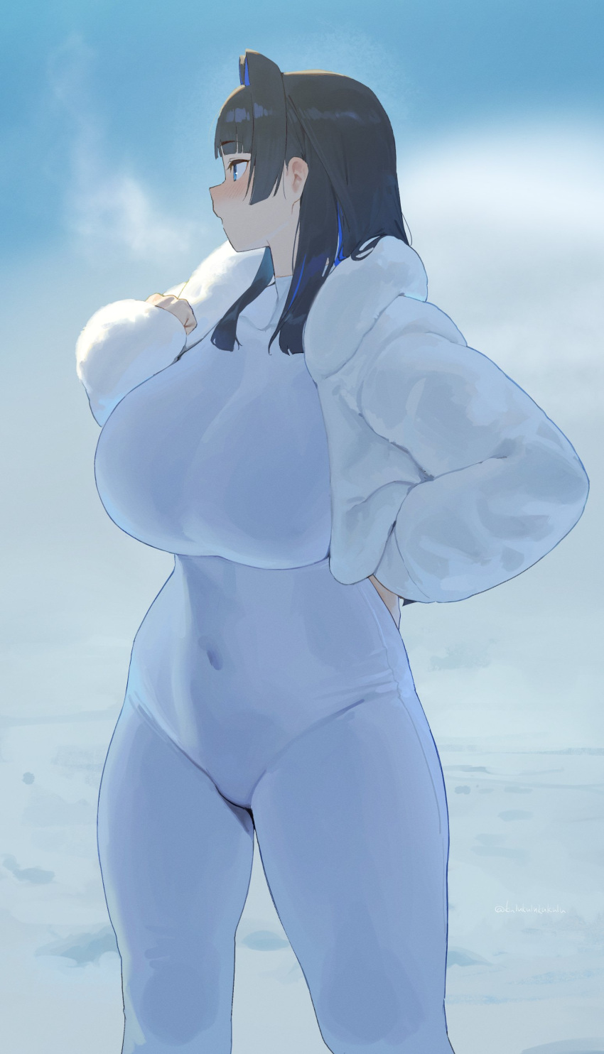 1girl absurd_res alternate_breast_size_(larger) arm_behind_back black_hair blue_eyes blue_hair blush bodysuit breasts cloud cloudy_sky commentary covered_collarbone cowboy_shot english_commentary frikulu hair_intakes hand_on_own_hip hand_up high_res hime_cut hololive hololive_english huge_breasts jacket looking_afar multicolored_hair navel ouro_kronii sky snow two-tone_hair virtual_youtuber white_bodysuit white_jacket