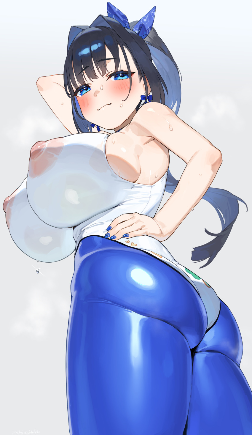 1girl absurd_res ass athletic_leotard bare_shoulders black_hair blue_eyes blue_hair blush breasts cosplay covered_erect_nipples curvy frikulu from_behind high_res highleg highleg_leotard hololive hololive_english huge_breasts leotard looking_at_viewer looking_back nipples ouro_kronii paid_reward_available ponytail see-through_clothes simple_background skin_tight smile standing sweat takanashi_kiara takanashi_kiara_(cosplay) thick_thighs thighs virtual_youtuber