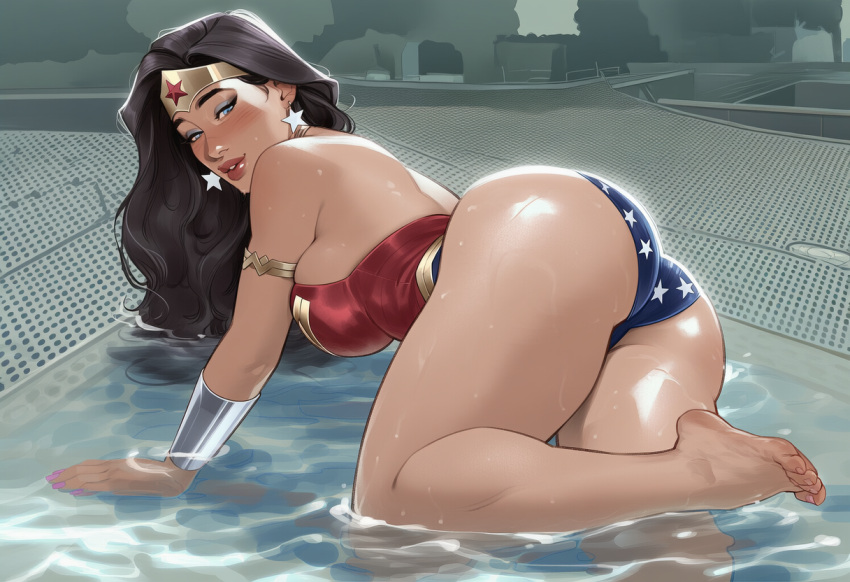 1girl all_fours amazon armlet ass back bangs bare_arms bare_ass bare_back bare_legs bare_shoulders barefoot big_ass big_breasts black_hair blue_eyes blue_leotard blush bracer breasts dc_comics diana_prince eyeshadow female_only female_solo from_behind gold_armlet gold_jewelry grey_eyeshadow grin half-closed_eyes heroine huge_ass jewelry justice_league justice_league_unlimited legs leotard lips lipstick long_hair looking_at_viewer looking_back makeup multicolored_clothes multicolored_leotard nail_polish neck parted_bangs parted_lips phophopho pink_nails red_leotard red_lipstick sideboob silver_bracer silver_earrings silver_jewelry smile star star_(symbol) star_earrings star_print straight_hair strapless strapless_leotard superhero_costume superheroine themysciran thick_eyebrows thick_lips thick_thighs thighs tiara two-tone_leotard water wet wet_body wet_hair wonder_woman wonder_woman_(series)