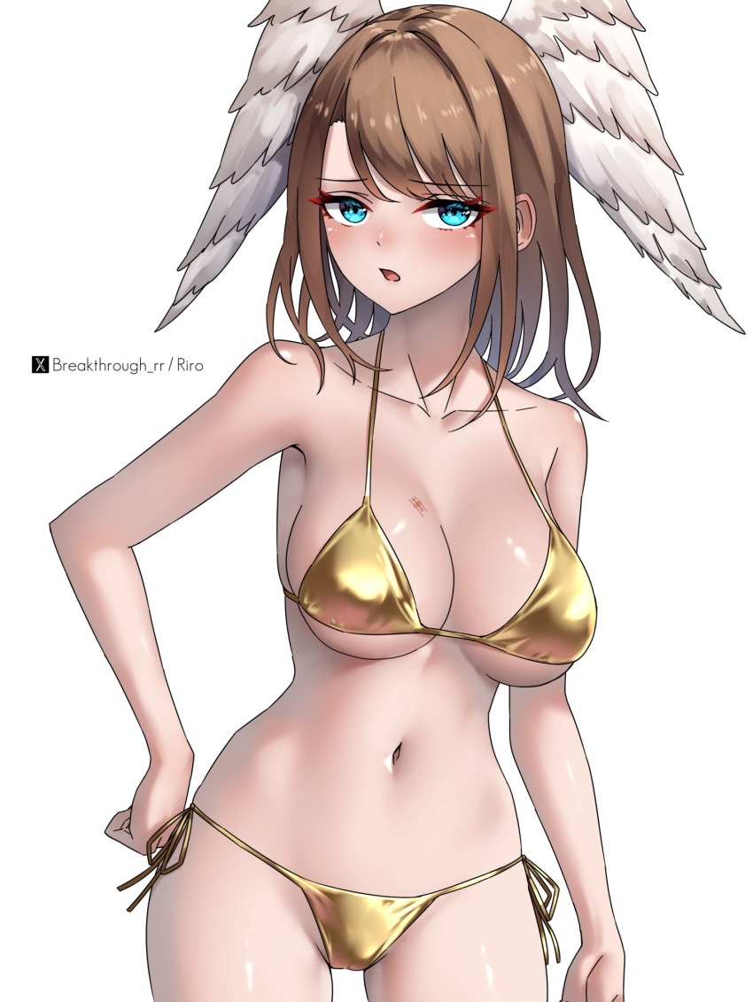 1girl alluring artist_name bikini blue_eyes blush cleavage commentary_request eunie_(xenoblade) fiery_hair gold_bikini head_wings high_res legs long_hair looking_at_viewer navel open_mouth riro_(breakthrough_rr) swimsuit white_background wings xenoblade_(series) xenoblade_chronicles_3