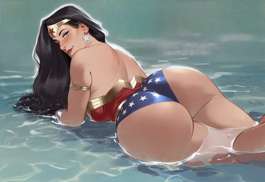 1girl amazon armlet ass back bangs bare_arms bare_ass bare_back bare_legs bare_shoulders big_ass big_breasts black_hair blue_eyes blue_leotard blush bracer breasts brown_lipstick closed_mouth dc_comics diana_prince eyeshadow female_only female_solo from_behind gold_armlet gold_jewelry grey_eyeshadow half-closed_eyes heroine huge_ass jewelry justice_league justice_league_unlimited legs leotard lips lipstick long_hair looking_at_viewer looking_back lying lying_on_stomach makeup multicolored_clothes multicolored_leotard neck on_stomach one_eye_closed parted_bangs phophopho red_leotard sideboob silver_bracer silver_earrings silver_jewelry smile star star_(symbol) star_earrings star_print straight_hair strapless strapless_leotard superhero_costume superheroine themysciran thick_eyebrows thick_thighs thighs tiara two-tone_leotard water wet wet_body wet_hair wink wonder_woman wonder_woman_(series)