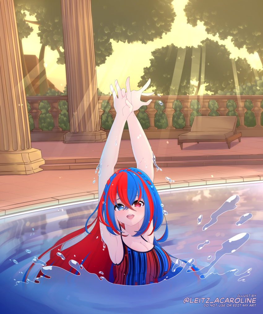 1girl :d absurd_res alear_(female)_(fire_emblem) alear_(fire_emblem) alternate_costume arms_up bare_arms big_breasts blue_eyes blue_one-piece_bikini braid cleavage column commentary commission competition_swimsuit dancing english_commentary fire_emblem fire_emblem_engage heterochromia high_res intelligent_systems leitz_acaroline light_rays long_hair looking_at_viewer multicolored_hair multicolored_swimsuit nintendo one-piece_bikini open_mouth outside partially_submerged patio pillar pool recliner red_eyes red_one-piece_bikini reflection ripples sideboob smile splashing split-color_hair sunbeam sunlight sunset swimming swimming_pool swimsuit synchronized_swimming tree two-tone_hair very_long_hair water watermark wet