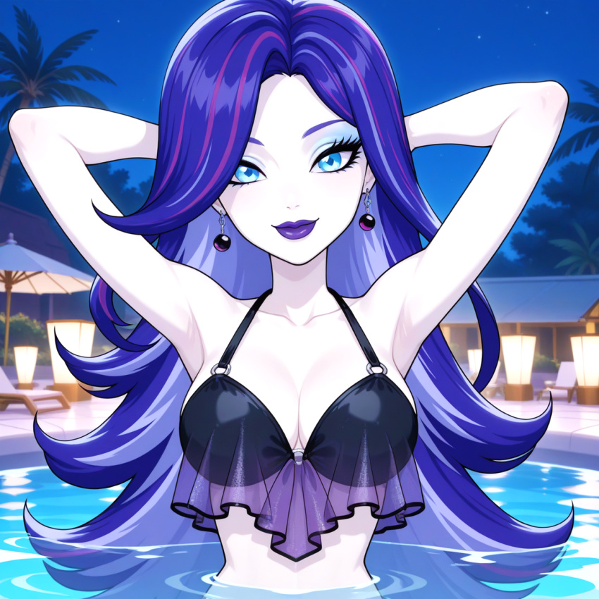 1girls ai_generated arms_behind_head big_breasts bikini blue_eyes breasts cleavage earrings eyeshadow female_only ghost ghost_girl in_pool in_water lipstick long_hair monster_high night outdoor_pool outside pale-skinned_female pale_skin pool purple_hair smile solo_female spectra_vondergeist white_skin