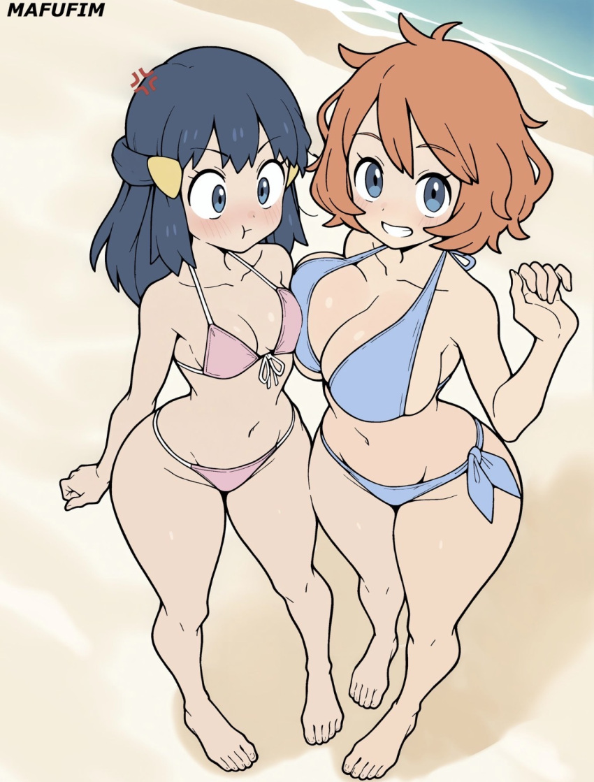 2_girls ai_generated amerelia_(mafufim) anger_vein artist_name beach bikini blue_bikini blue_eyes blue_hair blue_swimsuit breast_size_difference breasts cleavage cleavage_overflow dawn_(pokemon) duo female_only game_freak human human_only jealous light-skinned_female light_skin long_hair looking_at_viewer mafufim navel nintendo oc original original_character outside pink_bikini pink_swimsuit pokemon short_hair smile swimsuit thighs