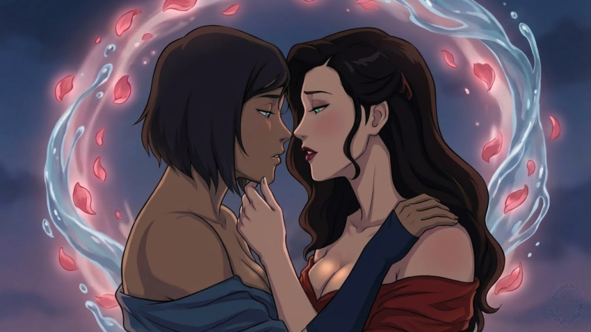 2_girls airbending alternate_costume asami_sato bangs bare_shoulders black_hair black_lipstick blue_background blue_eyes blue_shirt blush bob_cut breasts brown_eyeshadow brown_hair chin_grab cleavage cloud collarbone couple dark-skinned_female dark_skin detached_sleeves duo eye_contact eyeshadow face-to-face female/female female_only green_eyes hair_between_eyes half-closed_eyes hand_on_another's_shoulder hand_up incipient_kiss interracial interracial_couple interracial_yuri korra light-skinned_female light_skin lips lipstick long_hair looking_at_another love magic makeup medium_breasts mrfluffypotato multiple_girls mutual_yuri neck nickelodeon night night_sky off-shoulder_shirt off_shoulder outside parted_lips petals pink_petals red_lipstick red_shirt romantic romantic_couple shirt short_hair sky sleeves_past_wrists straight_hair swept_bangs the_legend_of_korra* upper_body water water_tribe waterbending yuri
