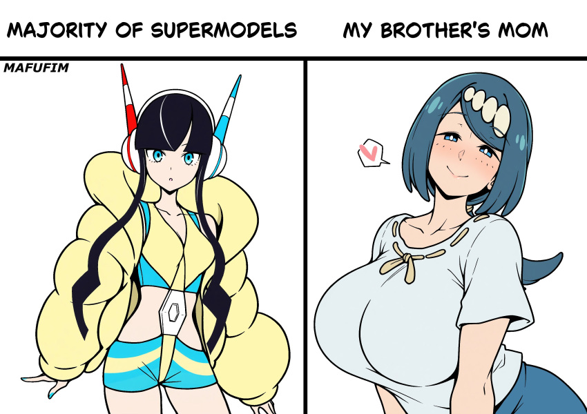 2_girls bangs big_breasts black_hair blue_eyes blue_hair blush breasts clothing elesa_(pokemon) english_text female_only heart huge_breasts lana's_mother_(pokemon) long_hair looking_at_viewer mafufim meme nintendo pokemon pokemon_(anime) pokemon_bw2 pokemon_sm_(anime) shorts smile