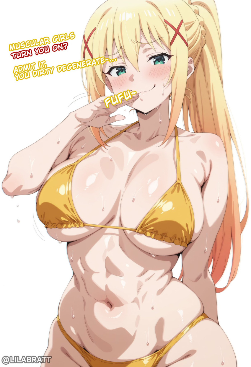 ai_generated athletic_female bikini blonde_hair blue_eyes darkness_(konosuba) gigantic_breasts grin huge_breasts kono_subarashii_sekai_ni_shukufuku_wo! light-skinned_female light_skin lilabratt looking_at_viewer massive_breasts muscular_female ponytail solo_female squatting sweat sweatdrop thick_body thick_female voluptuous voluptuous_female