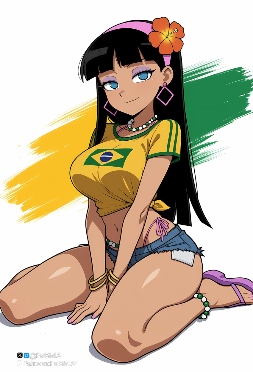 ai_generated bare_thighs big_breasts black_hair blue_eyes brazilian_flag earrings flower_in_hair grin hairband huge_breasts huge_thighs long_hair looking_at_viewer massive_breasts pakfaia short_shorts solo_female squatting sweat sweatdrop t-shirt tan-skinned_female tanned_female tanned_skin the_fairly_oddparents thick_body thick_female thick_thighs thighs trixie_tang voluptuous voluptuous_female