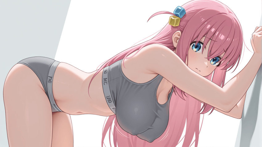 ai_generated bare_thighs big_breasts blue_eyes bocchi_the_rock! gotou_hitori hair_ornament huge_breasts huge_thighs light-skinned_female light_skin long_hair looking_at_viewer massive_breasts panties pink_hair solo_female squatting sweat sweatdrop tank_top thick_body thick_female thick_thighs thighs voluptuous voluptuous_female
