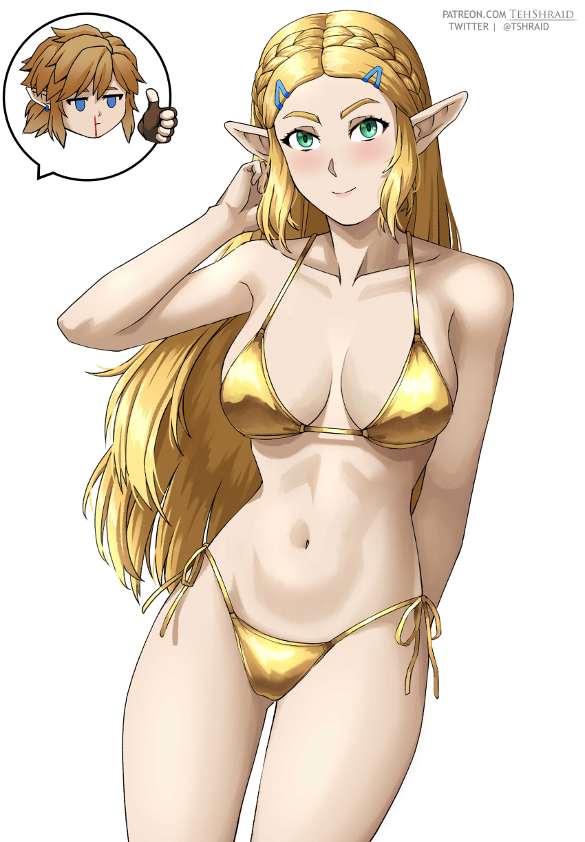 1boy 1girl absurd_res alluring aqua_eyes arm_behind_back bikini blonde_hair blood blue_eyes braid collarbone commentary crown_braid english_commentary gold_bikini hair_ornament hairclip halterneck high_res link long_hair looking_at_viewer navel nintendo nosebleed patreon_username pointy_ears princess_zelda side-tie_bikini_bottom simple_background speech_bubble standing swimsuit tehshraid the_legend_of_zelda the_legend_of_zelda:_tears_of_the_kingdom thumbs_up twitter_username watermark web_address white_background