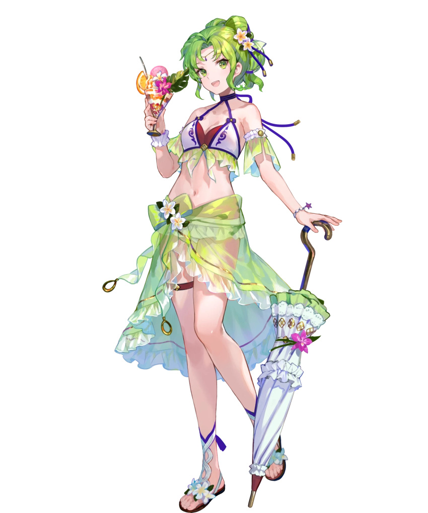 1girl 1girl alluring alternate_costume bare_shoulders bikini cleavage cup disposable_cup disposable_ice_cream_cup drinking_glass drinking_straw feet female_focus fire_emblem fire_emblem:_the_sacred_stones fire_emblem_heroes flower full_body fuzichoco green_eyes green_hair hair_ornament high_res holding holding_cup holding_umbrella intelligent_systems l'arachel_(fire_emblem) l'arachel_(summer)_(fire_emblem) legs long_hair looking_at_viewer matching_hair/eyes medium_breasts midriff navel nintendo non-web_source official_alternate_costume official_art sandals sarong smile standing stomach swimsuit toes transparent_background umbrella umbrella_flower